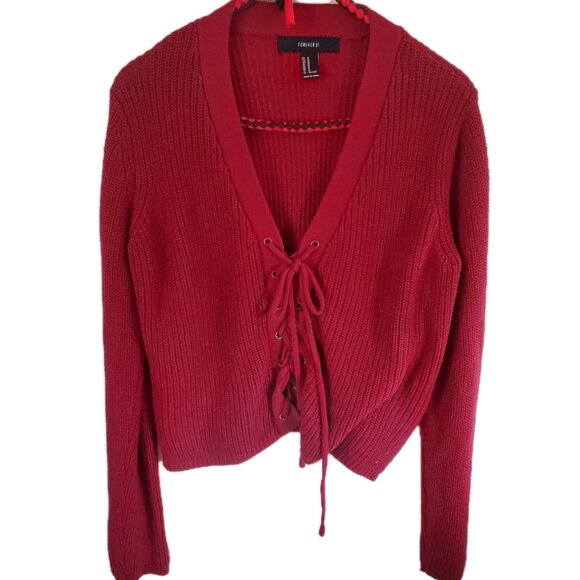 Forever 21 Womens Lace Up Cropped Cardigan Size M Cherry Red Y2K Fairy Grunge - Picture 1 of 10